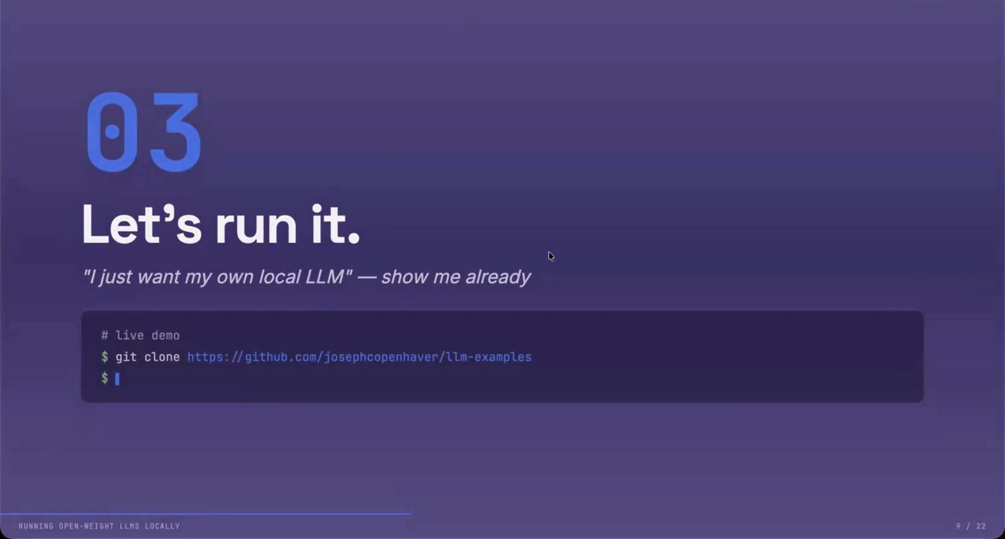 Presentation slide titled "Let's run it" showing the example repository URL