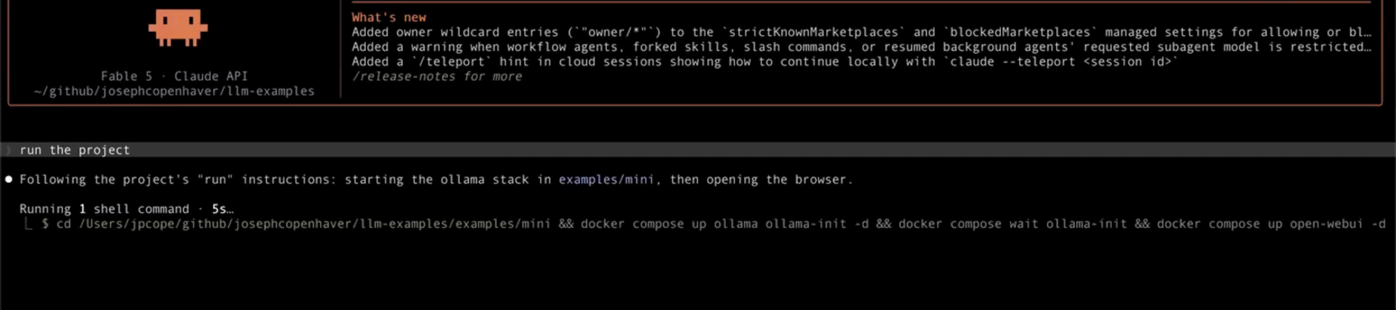 Claude Code terminal running the project's start command
