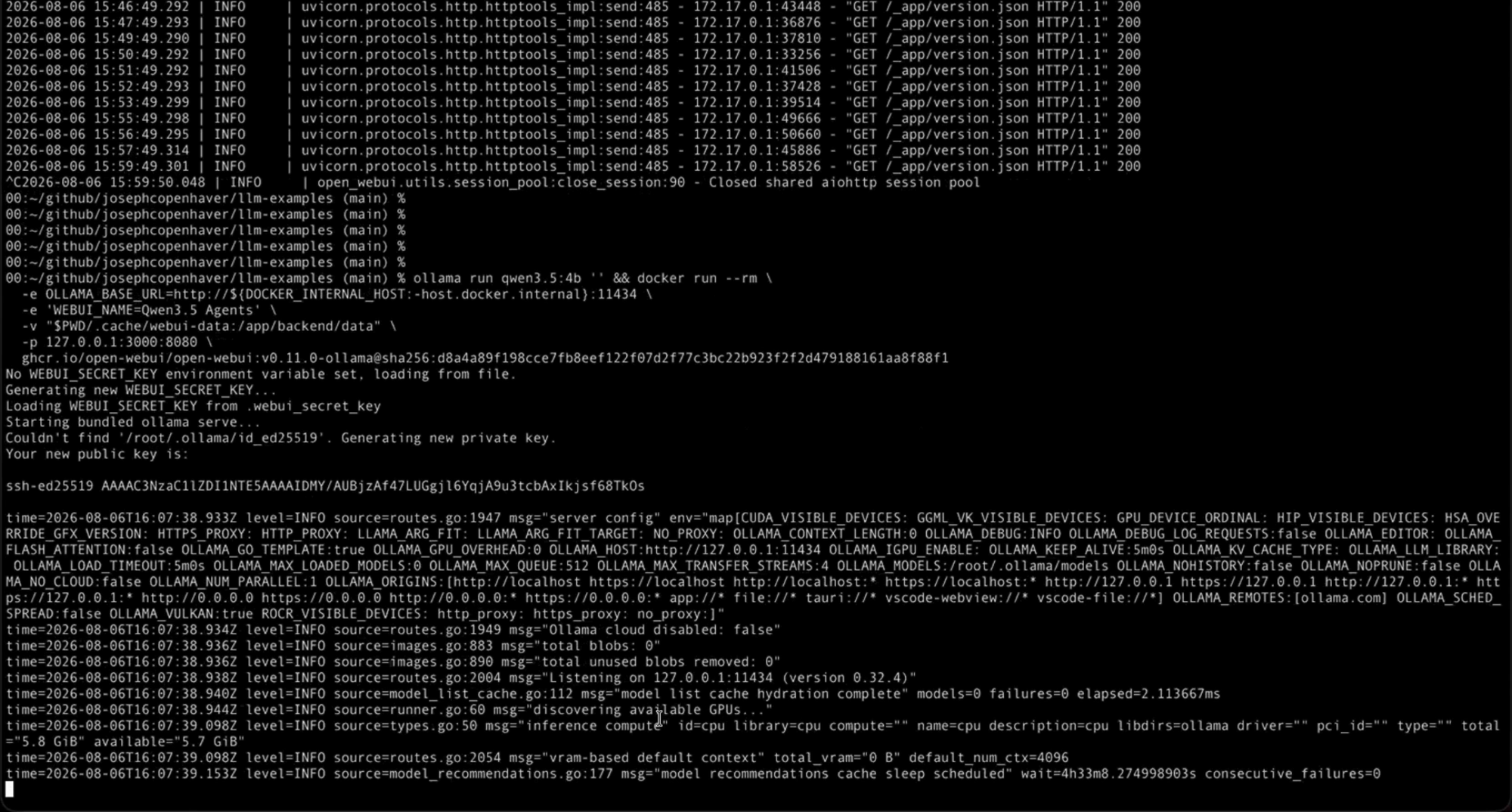 Terminal showing the startup command followed by Ollama initialization logs