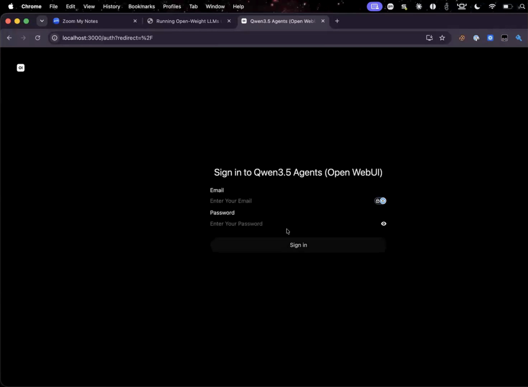 Open WebUI sign-in screen on first launch