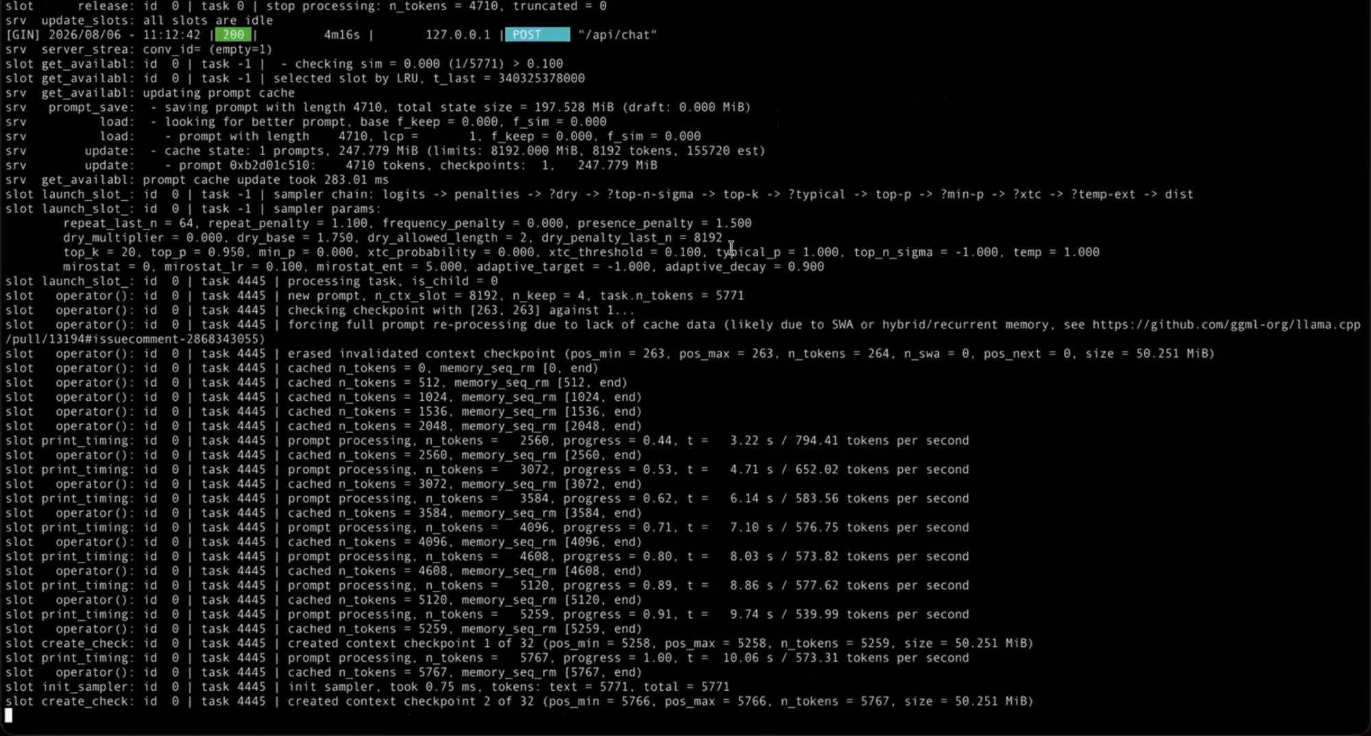 Terminal output showing tokens-per-second throughput from the model server