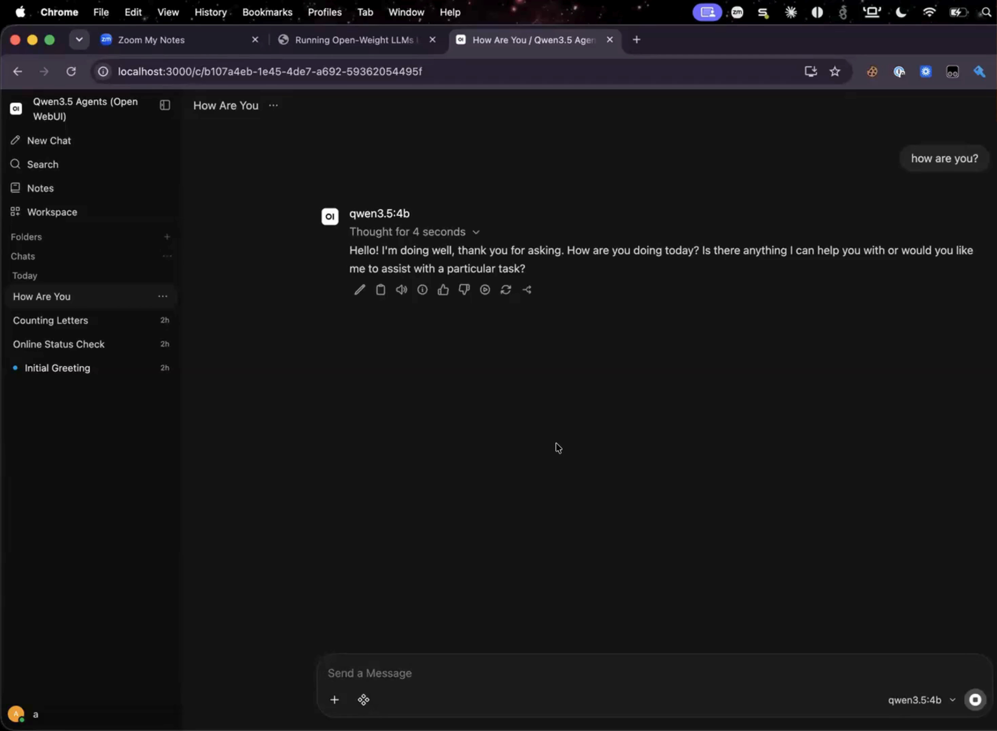 Open WebUI showing a reply from the local model