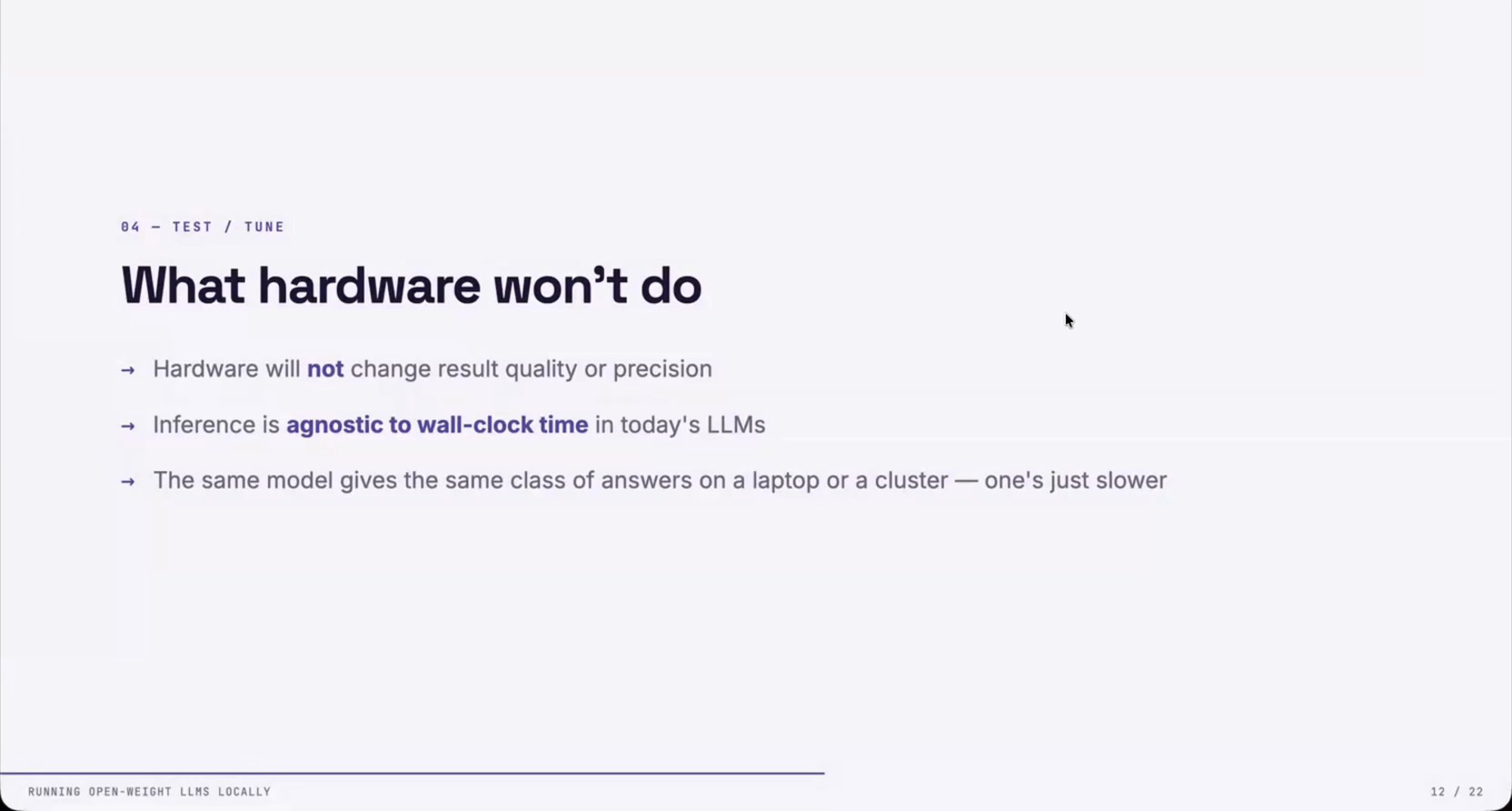 Presentation slide titled "What hardware won't do"